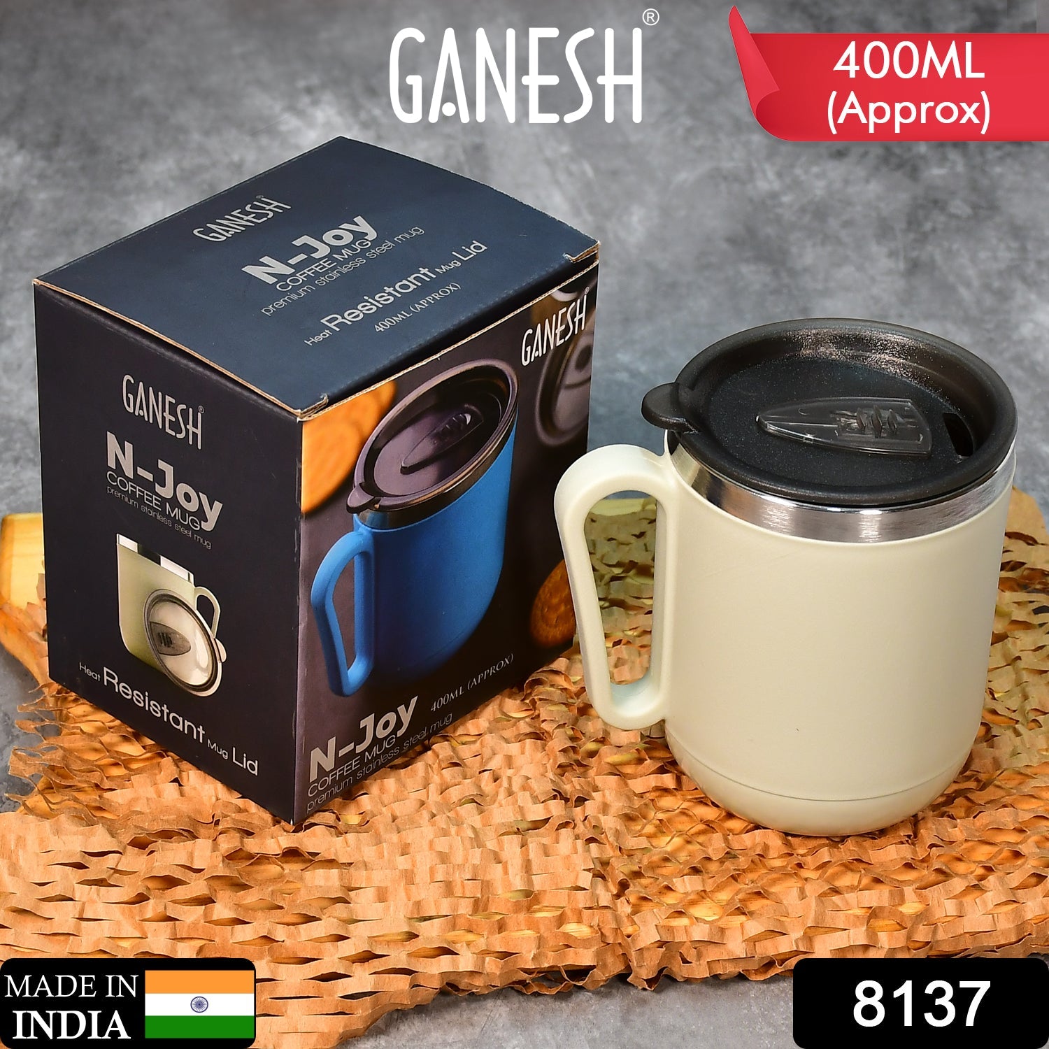 8137 Ganesh Premium Stainless Steel Coffee Mug with heat resistant mug lid. Approx 400Ml mug. DeoDap 8137 Ganesh Premium Stainless Steel Coffee Mug with heat resistant mug lid. Approx 400Ml mug. DeoDap